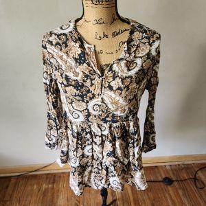 Urban Outfitters Ecote Brown Tan Paisley Boho 3/4 Sleeve V-Neck Blouse Size XS
